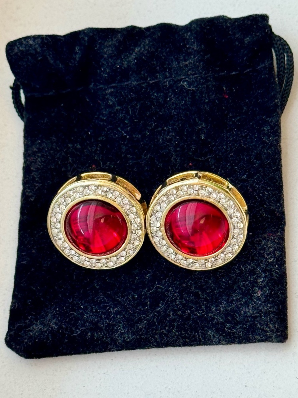 Vintage Swarovski Ruby Red Cabochon/Pavé Crystal Gold Pierced Earrings Edelweiss - Picture 2 of 6